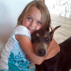 blue and rust female doberman with little girl